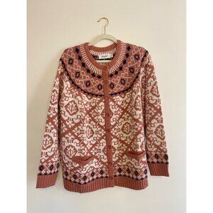 Vintage-Style National Women's Nordic Pattern Cardigan Sweater Pockets Size L